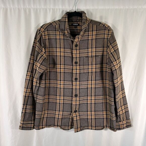 Express Flannel Shirt Women's Medium Brown Plaid Button Up Long Sleeve - Picture 1 of 7